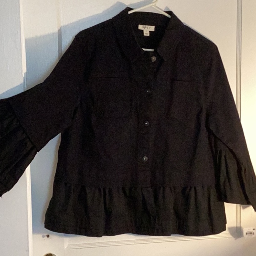 Style & Co. Black Jean Jacket with Classic Collar and Ruffled Hem